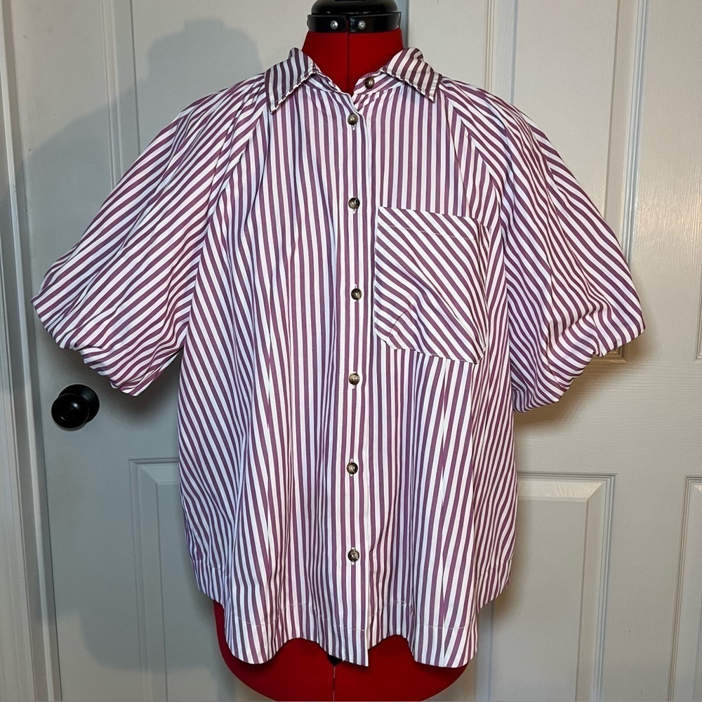 Fate Purple White Stripped Button Down Collar Shirt Balloon Puff Sleeve Size M